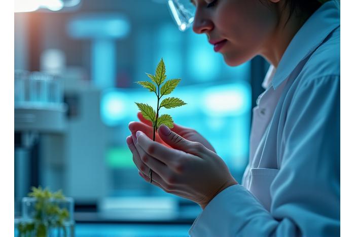 Wetenschapper inspecteert graanplantjes in een laboratorium, symboliseert genetische analyse en onderzoek.
