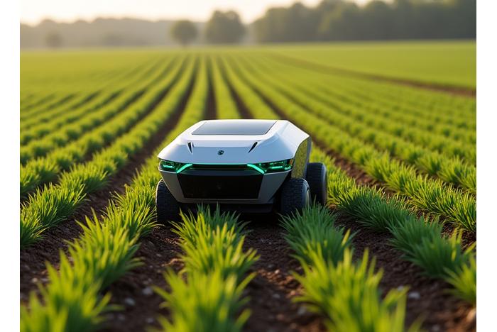 Autonome landbouwrobot die nauwkeurig zaait in een uitgestrekt, modern graanveld.